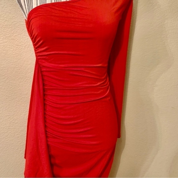 NEW Sexy Bodycon Dress Small Red Maxi Spandex Stretch One Sleeve Ruffled NWOT - Picture 13 of 14